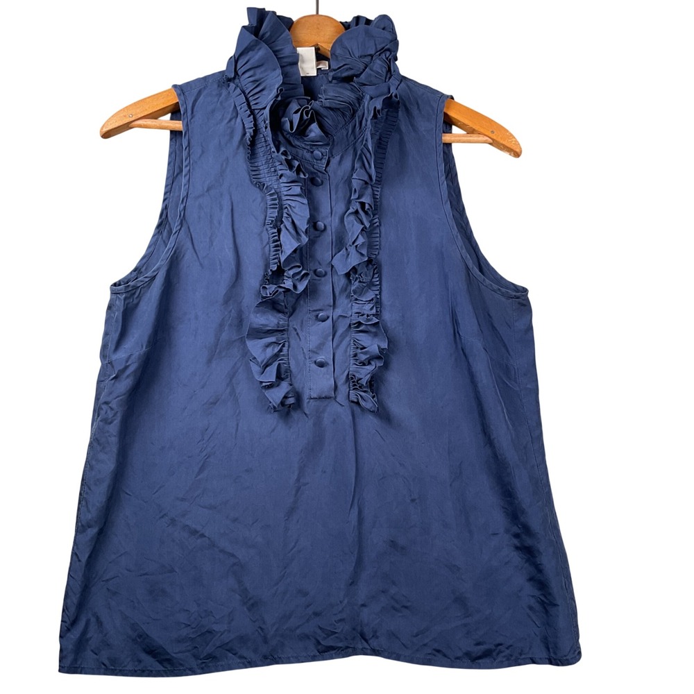 J.Crew Silk Ruffle Neck Blouse Womens 10P Navy Blue Sleeveless Button Top